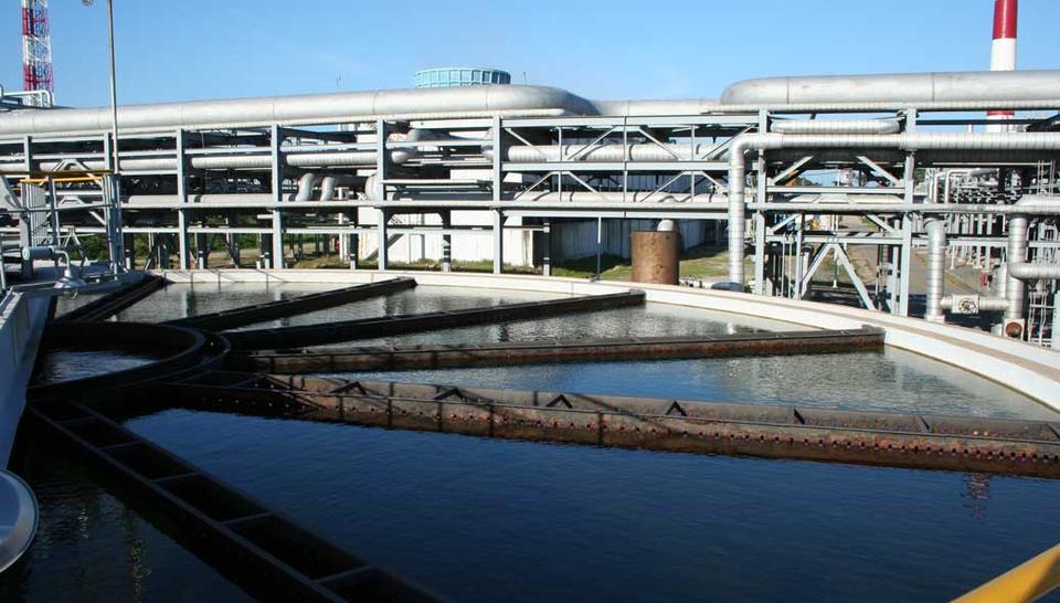 Wastewater treatment basin at LG / Lotte Chemical Daesan, managed by Veolia for industrial water purification.