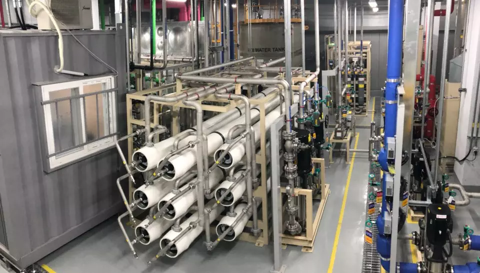 Ultra-pure water (UPW) treatment facility at Happymore Inc., Cheongju, operated by Veolia to support semiconductor cleanroom garment cleaning.
