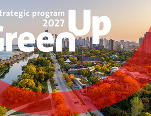 GreenUp 2027 전략 프로그램 - 녹지와 도시 인프라가 조화를 이루는 지속 가능한 도시 풍경, Veolia의 환경 혁신을 강조.