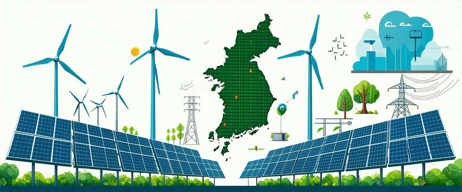 llustration of South Korea surrounded by solar panels, wind turbines, and power infrastructure, symbolizing the country's renewable energy transition under the RE100 2025 framework.