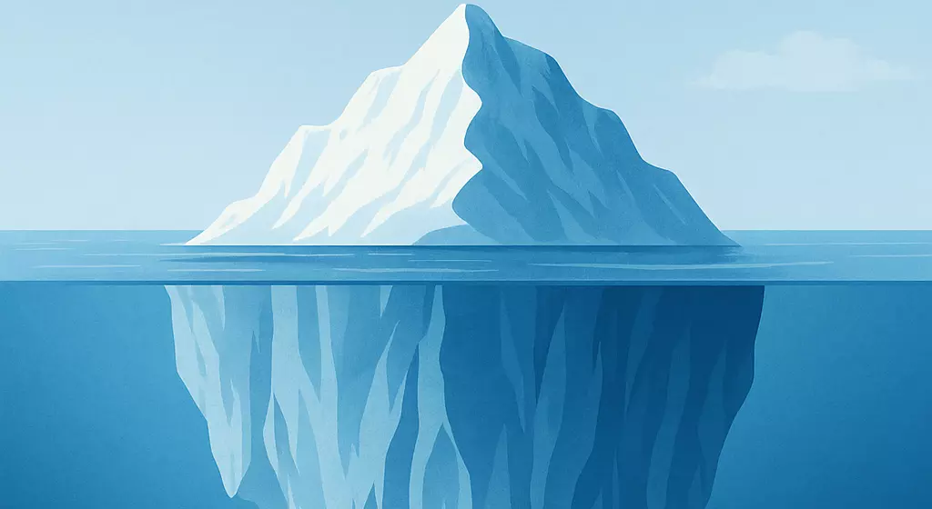 Illustration of an iceberg metaphor showing visible and hidden industrial equipment costs, representing the concept of Total Cost of Ownership (TCO).