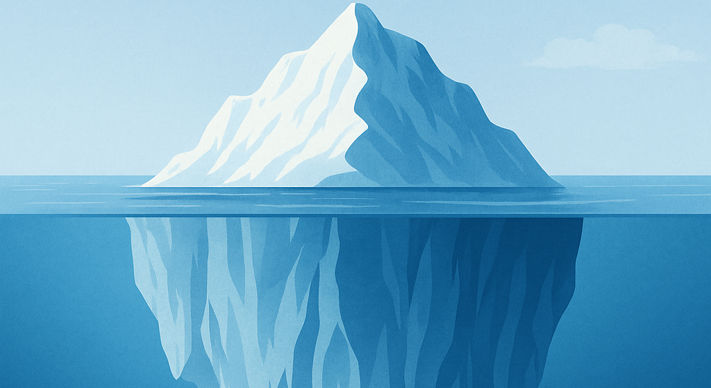 Illustration of an iceberg metaphor showing visible and hidden industrial equipment costs, representing the concept of Total Cost of Ownership (TCO).