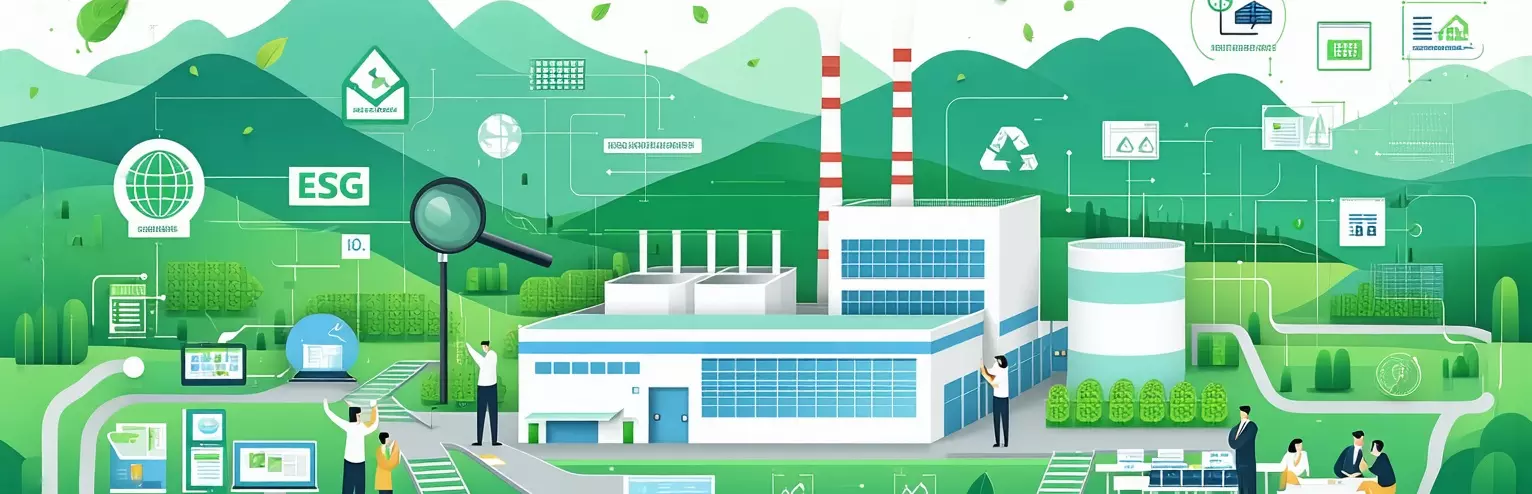 Industrial site illustration showing ESG strategy, environmental audits, regulatory compliance, and data systems in South Korea's green industry.