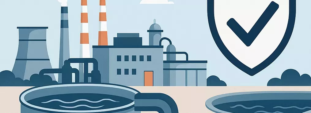 Industrial Wastewater treatment facility with chimneys, settling tank and compliance shield icon, representing South Korea's 2025 regulatory framework