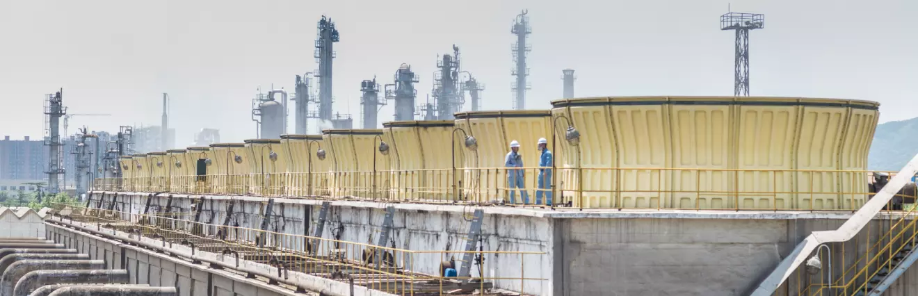 Industrial cooling tower system with water treatment infrastructure at Korean petrochemical facility