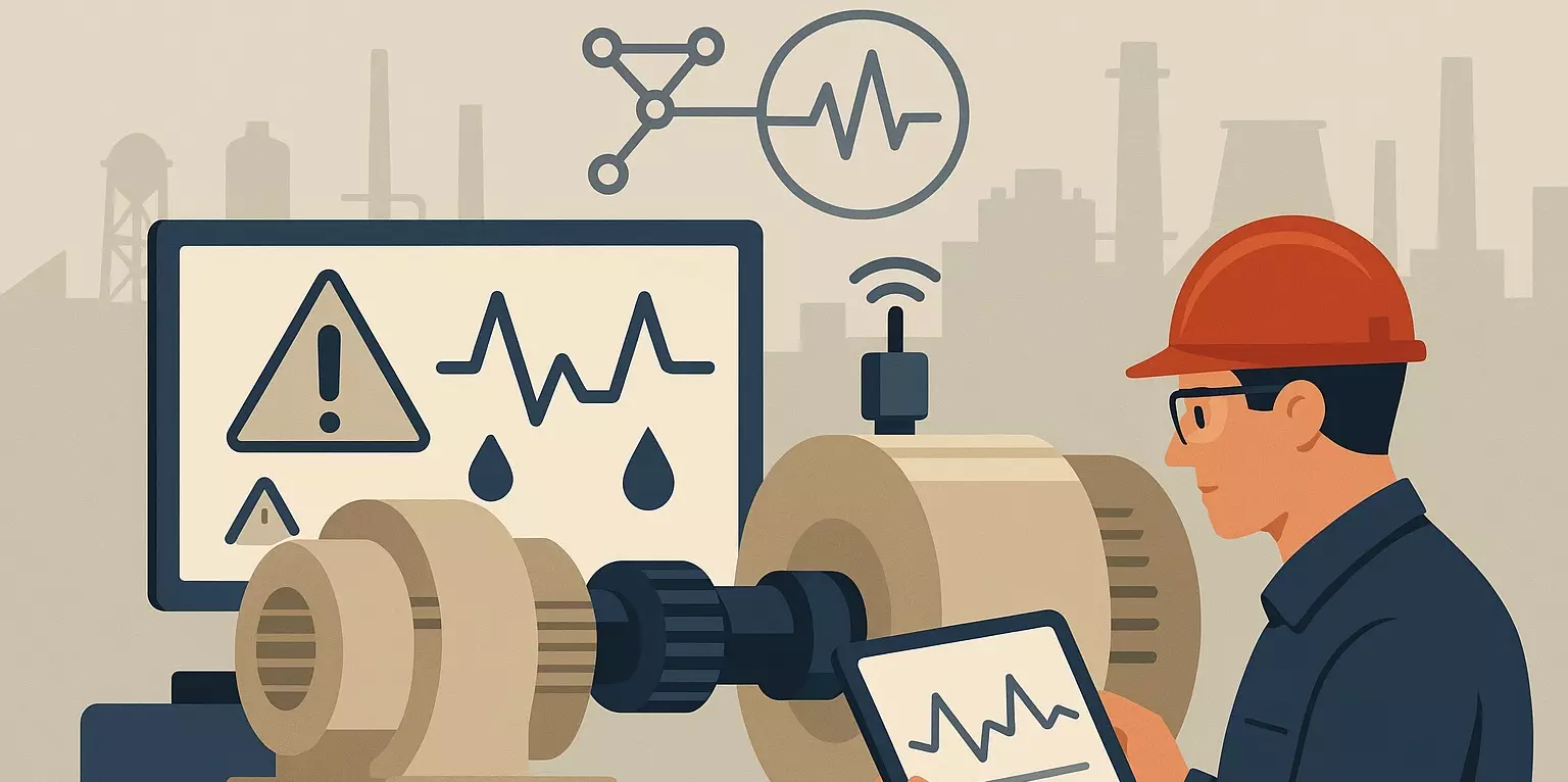 Technicien utilisant capteurs vibratoires intelligents pour maintenance prédictive d'équipement industriel rotatif