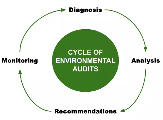 Circular diagram showing the four key phases of the environmental audit cycle: diagnosis, analysis, recommendations, and monitoring.