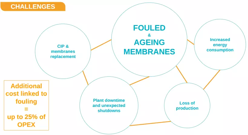 Membrane fouling challenges in reverse osmosis plants showing OPEX costs up to 25% from CIP and membrane replacement