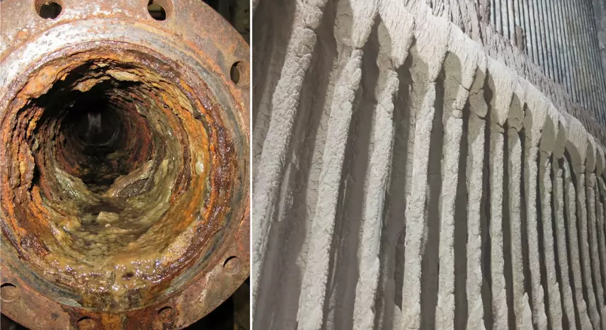 배관이나 열교환기, 보일러 내부에 형성된 심각한 파울링(Fouling)의 단면