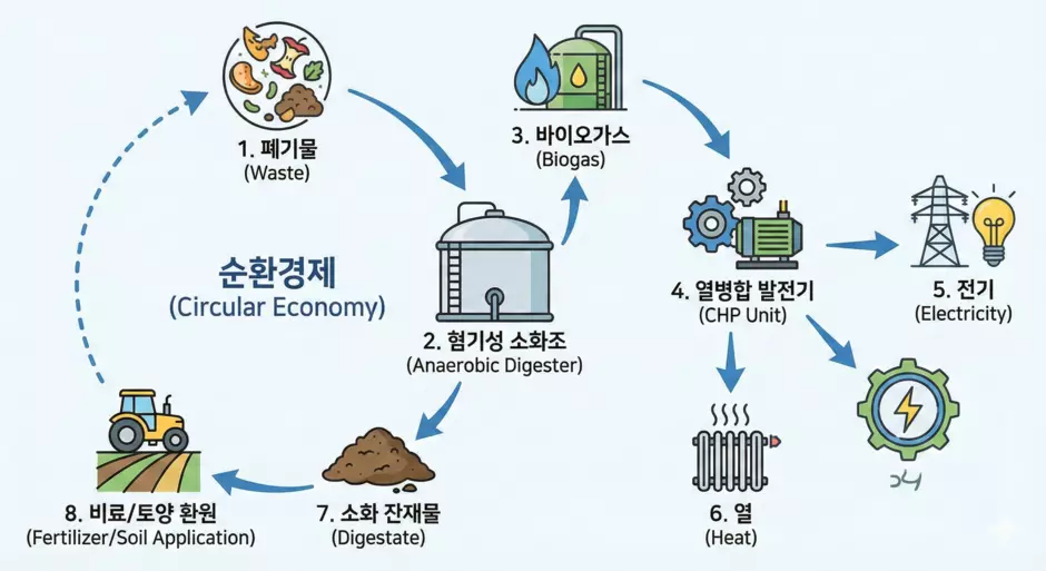순환경제 다이어그램(폐기물 → 바이오가스 → 전기/열)