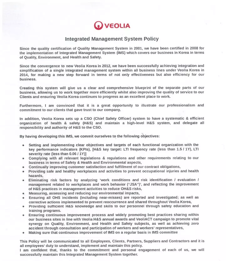 베올리아 코리아의 영어 통합관리시스템(IMS) 정책 문서, 품질, 환경, 안전 관리 목표 개요.