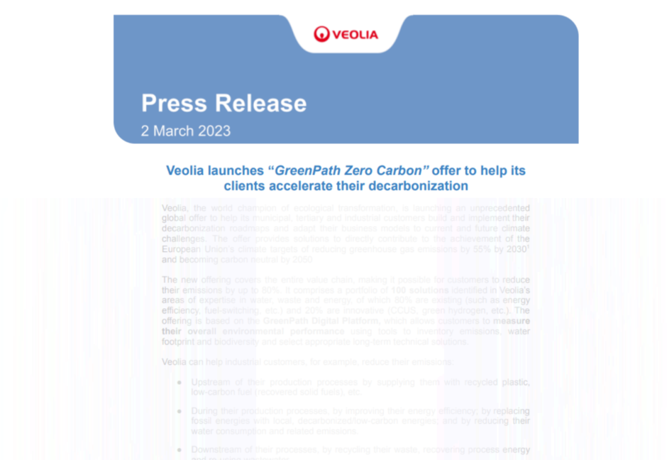 Veolia press release announcing the launch of "GreenPath Zero Carbon," a global decarbonization initiative to help industries, municipalities, and businesses reduce emissions by up to 80% through innovative solutions in energy efficiency, fuel-switching, and carbon capture technologies.
