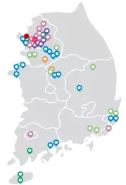 산업 시설 및 서비스 센터를 포함한 베올리아 코리아의 사업장 분포를 보여주는 대한민국 지도.