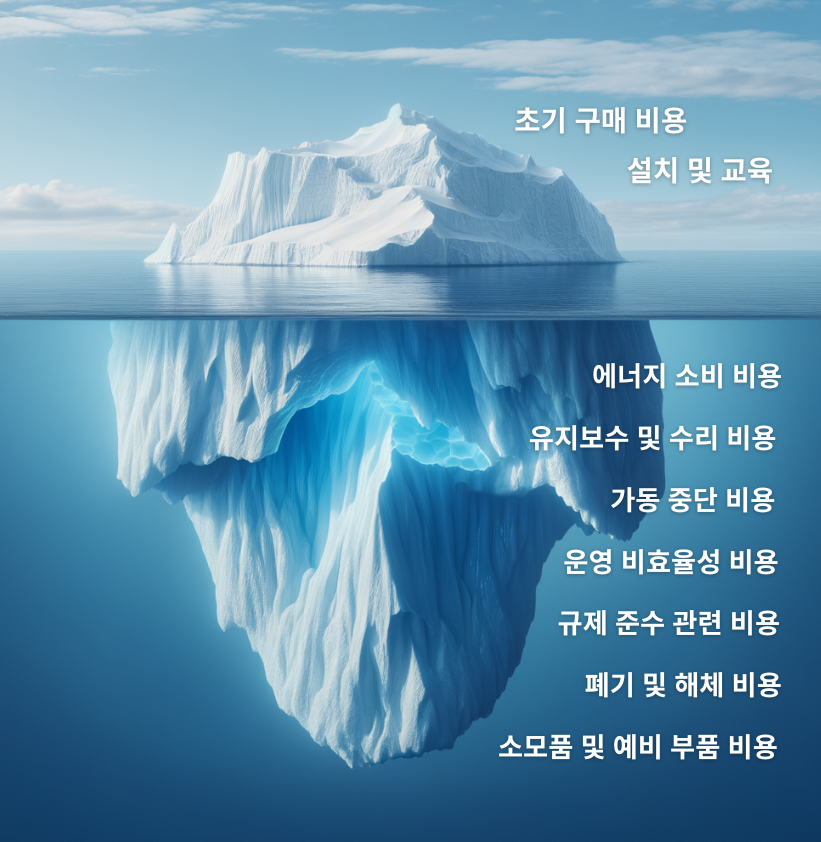 산업 장비의 총소유비용(TCO)을 빙산 구조로 표현한 이미지. 초기 구매 비용과 설치 외에도 에너지 소비, 유지보수, 중단, 규제 준수, 폐기 등의 숨겨진 비용 요소들을 포함함.