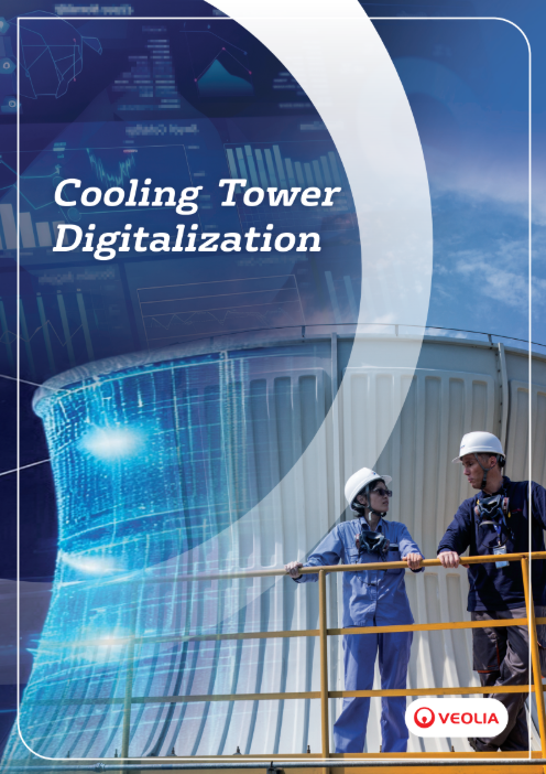 Two engineers inspecting an industrial cooling tower with digital interface overlay – Veolia’s cooling tower digitalization brochure cover.