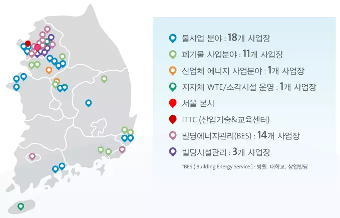 South Korea map displaying Veolia's network of water treatment, energy services, and facility management locations with color-coded markers and headquarters in Seoul.