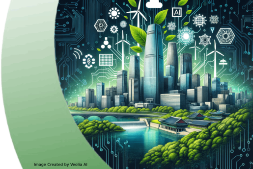 Futuristic cityscape of South Korea integrating artificial intelligence (AI) and sustainability, with smart buildings, green technology icons, and traditional Korean architecture. The image symbolizes digital transformation, renewable energy, and AI-driven resource management.
