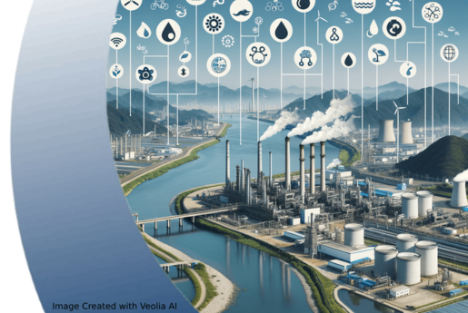 Futuristic industrial facility by a river with sustainability icons, representing AI-driven water and carbon management for cleaner industries.