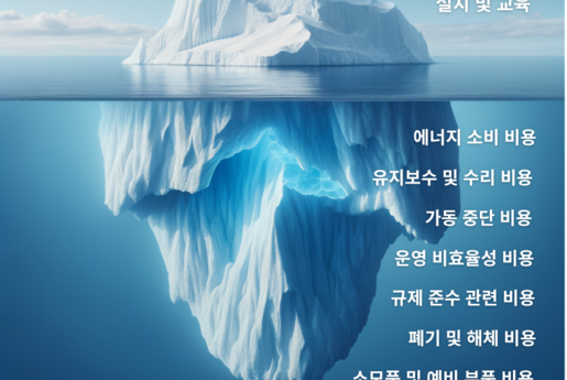 산업 장비의 총소유비용(TCO)을 빙산 구조로 표현한 이미지. 초기 구매 비용과 설치 외에도 에너지 소비, 유지보수, 중단, 규제 준수, 폐기 등의 숨겨진 비용 요소들을 포함함.