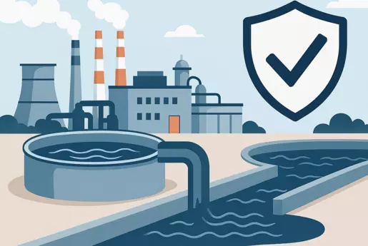 Industrial Wastewater treatment facility with chimneys, settling tank and compliance shield icon, representing South Korea's 2025 regulatory framework
