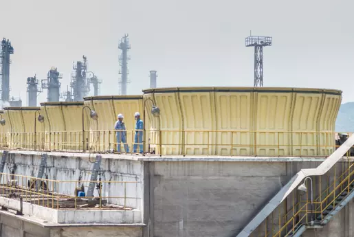 Industrial cooling tower system with water treatment infrastructure at Korean petrochemical facility