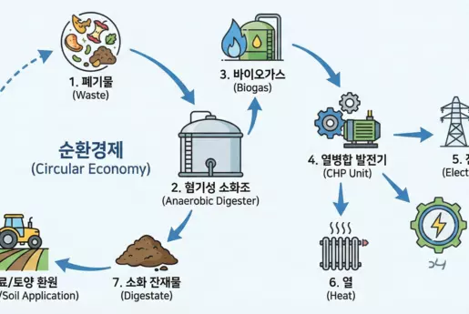 순환경제 다이어그램(폐기물 → 바이오가스 → 전기/열)